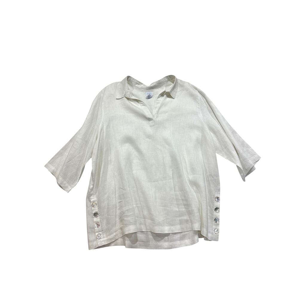 Sigrid Olsen Tunic Top 2X White Linen Tunic V-Neck 3/4 Sleeve Button Side